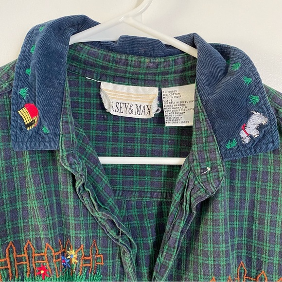 Vintage Casey & Max Green Plaid Dog Embroidered Button Down Shirt L - Picture 5 of 6